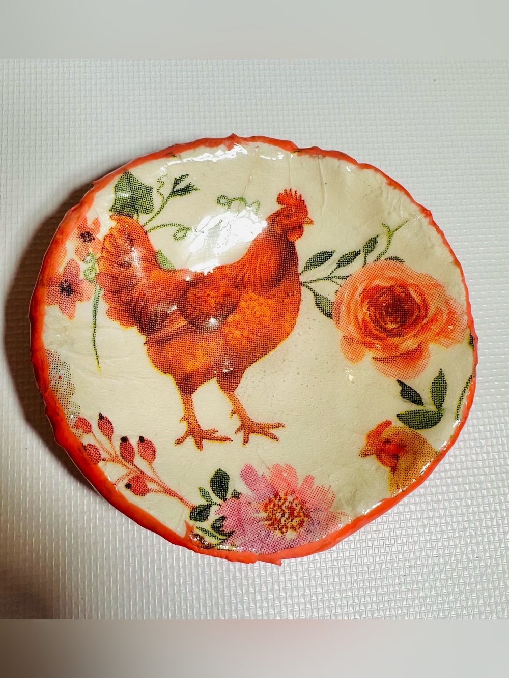Hand Crafted Chicken Clay Decoupage Trinket Dish